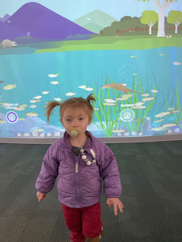 Small girl with pigtails, and wearing a purple coat, with a projection of scenery in the background