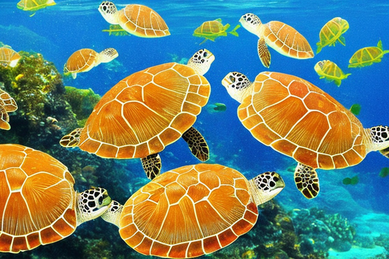 AI: jellyfish, with swimming turtles, underwater, photorealistic