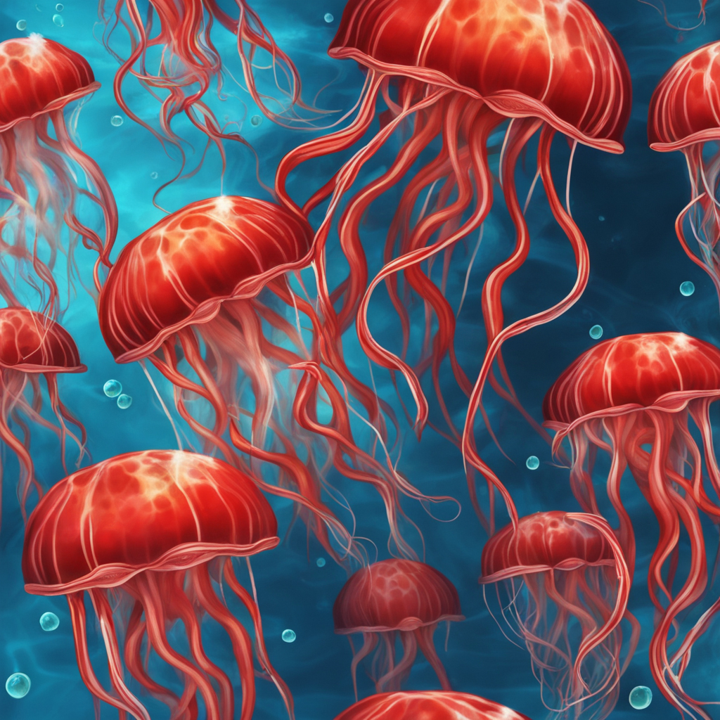 AI: electric red jellyfish, with swimming turtles, underwater, photorealistic