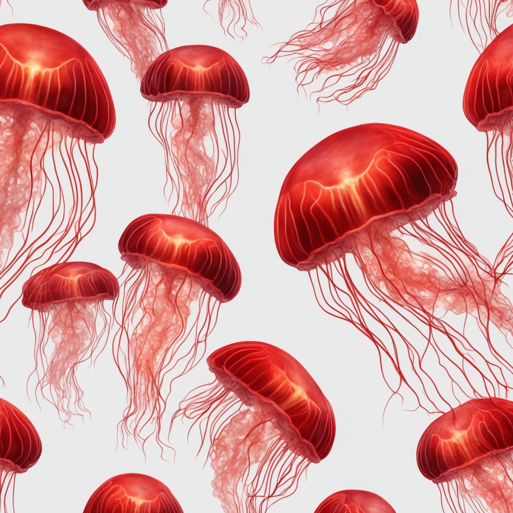 AI: electric red jellyfish, underwater, photorealistic