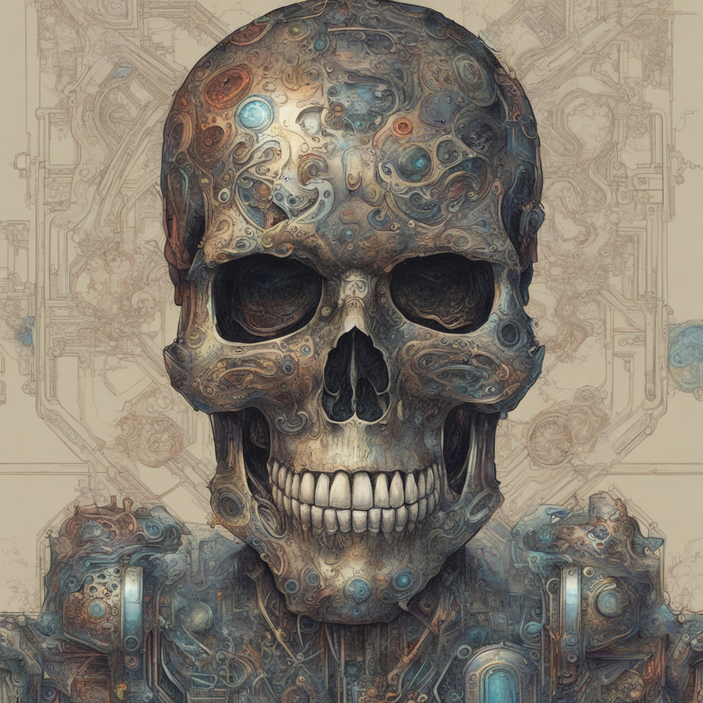 AI: single cybernetic skull:5, stylish, Jolly Roger, highly intricate  details, existential:2, with random color, incredible composition