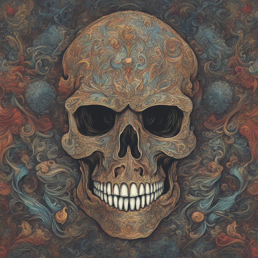 AI: singal skull:5, stylish, Jolly Roger, highly intricate  details, existential, with random color, incredible composition