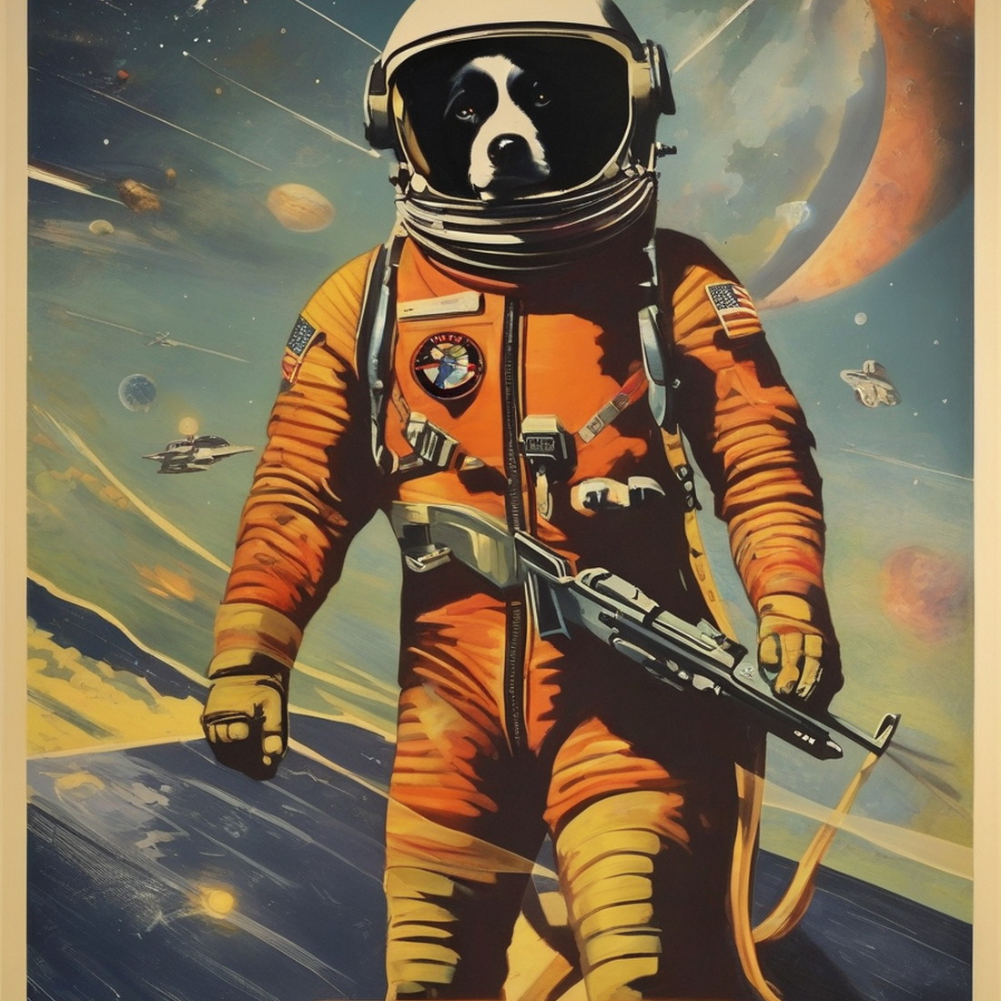 AI: dogs in space, USA, hero:2, epic, recruitment poster, bauhaus