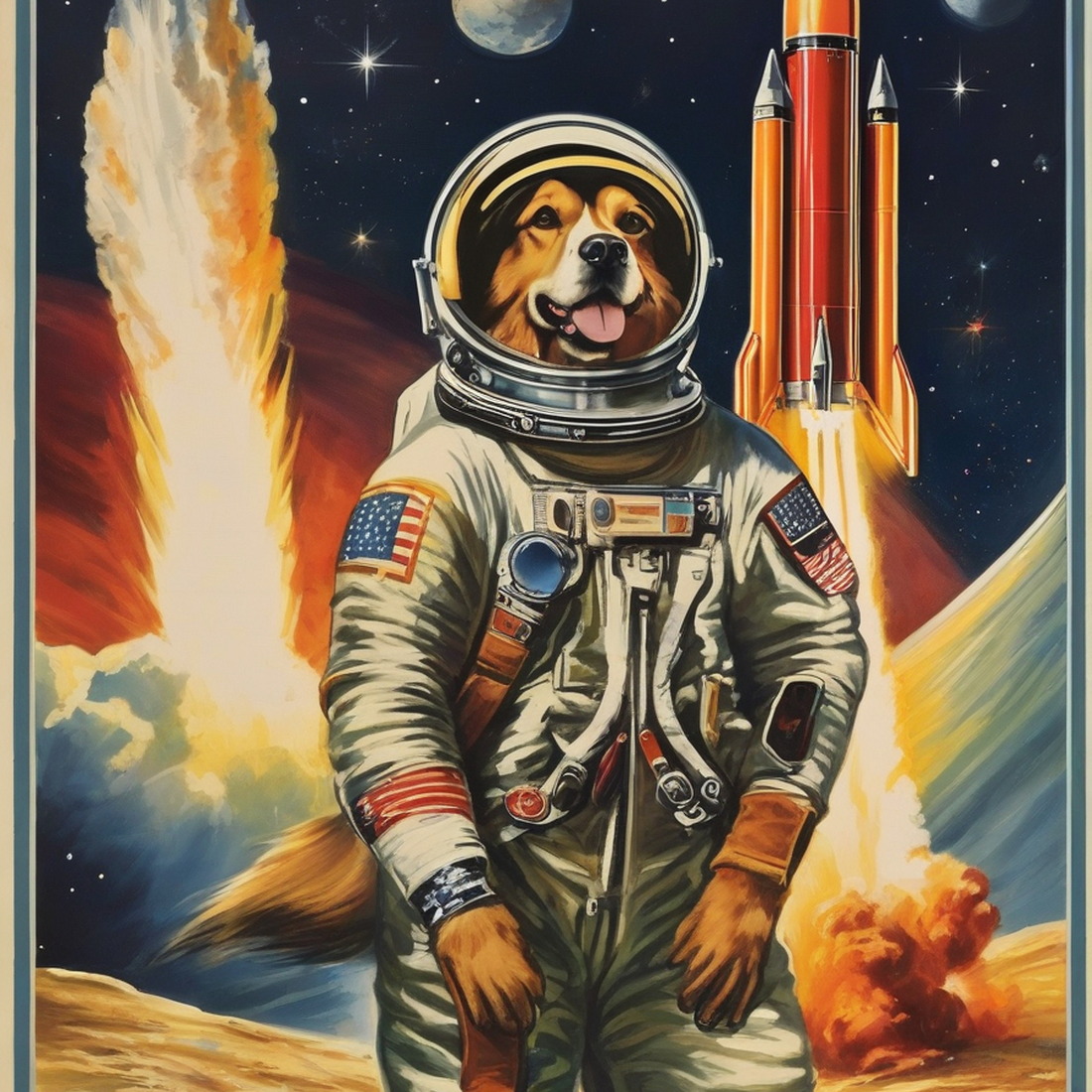 AI: dogs in space, USA, rockets, hero, recruitment poster