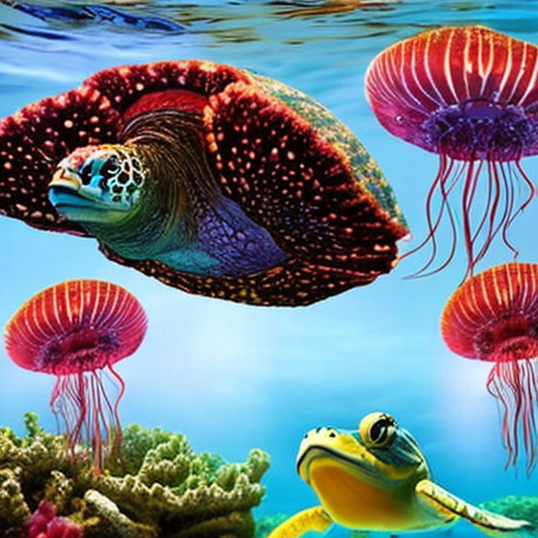AI: jellyfish, with swimming turtles, underwater, photorealistic