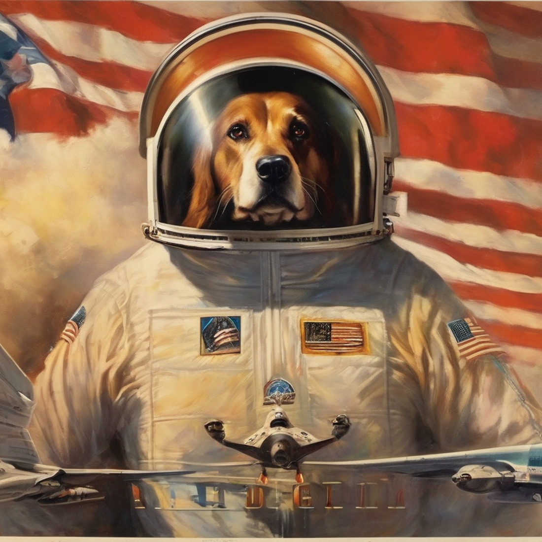 AI: dogs in space, shuttle, USA, hero:2, epic, recruitment poster