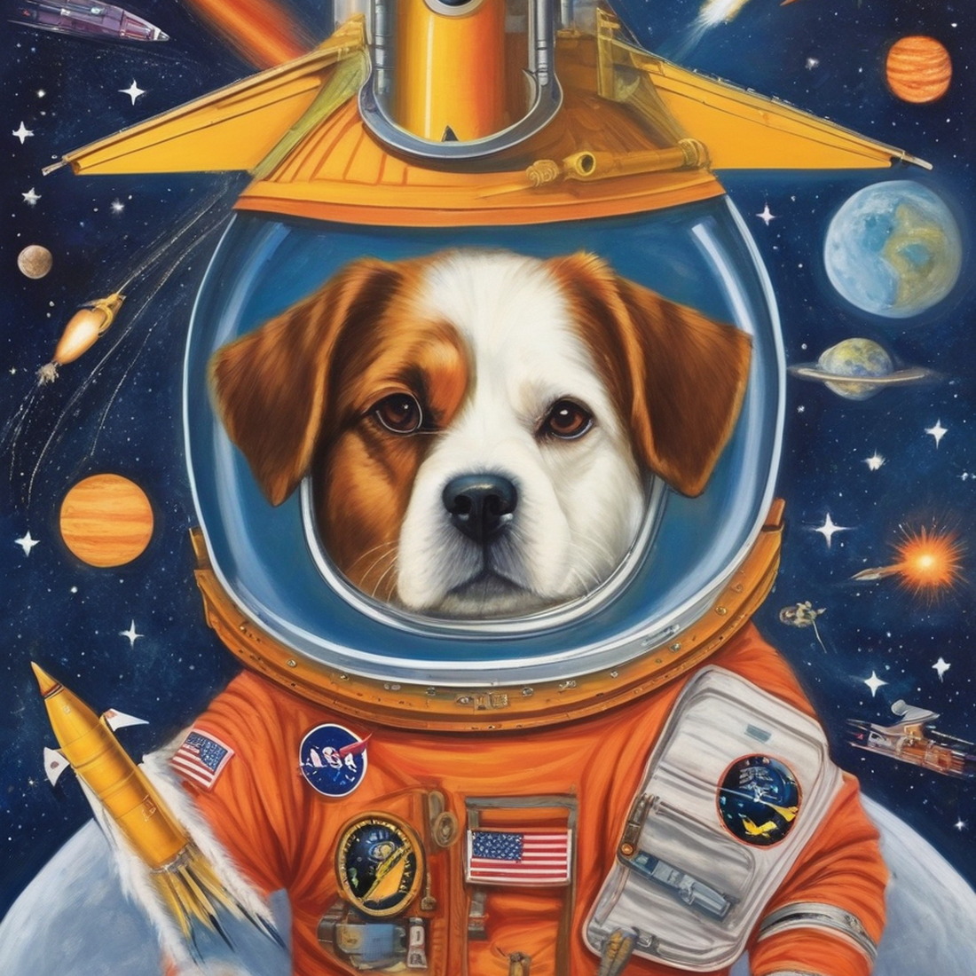 AI: dogs in space, USA, rockets