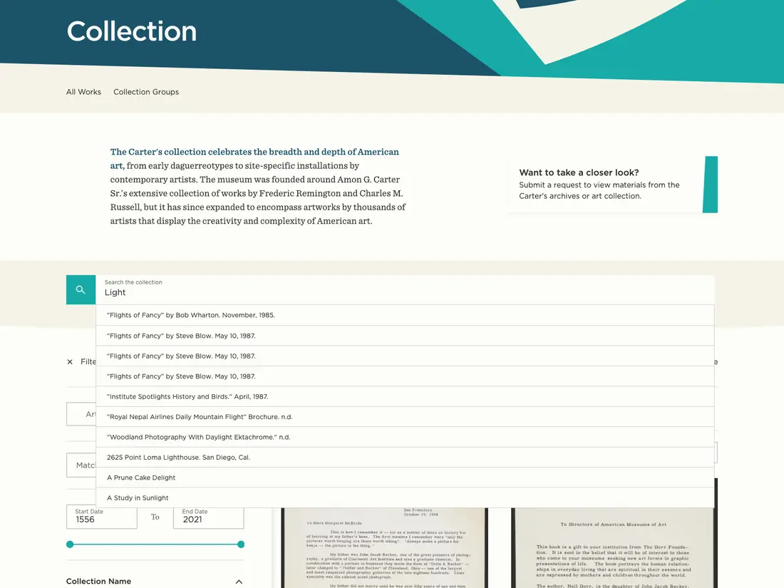 A screen shot of the website, highlighting the collection explorer search bar and and the type ahead suggestions.