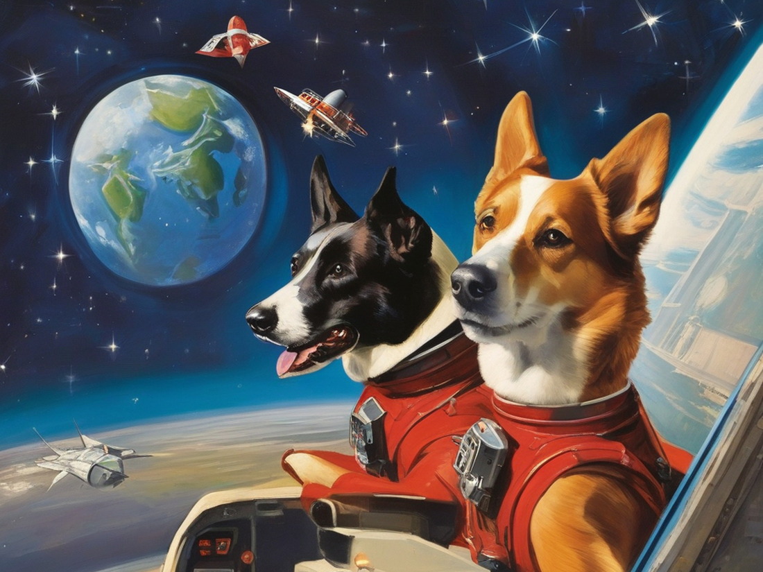 AI: dogs in space, USA, rockets, hero, recruitment poster