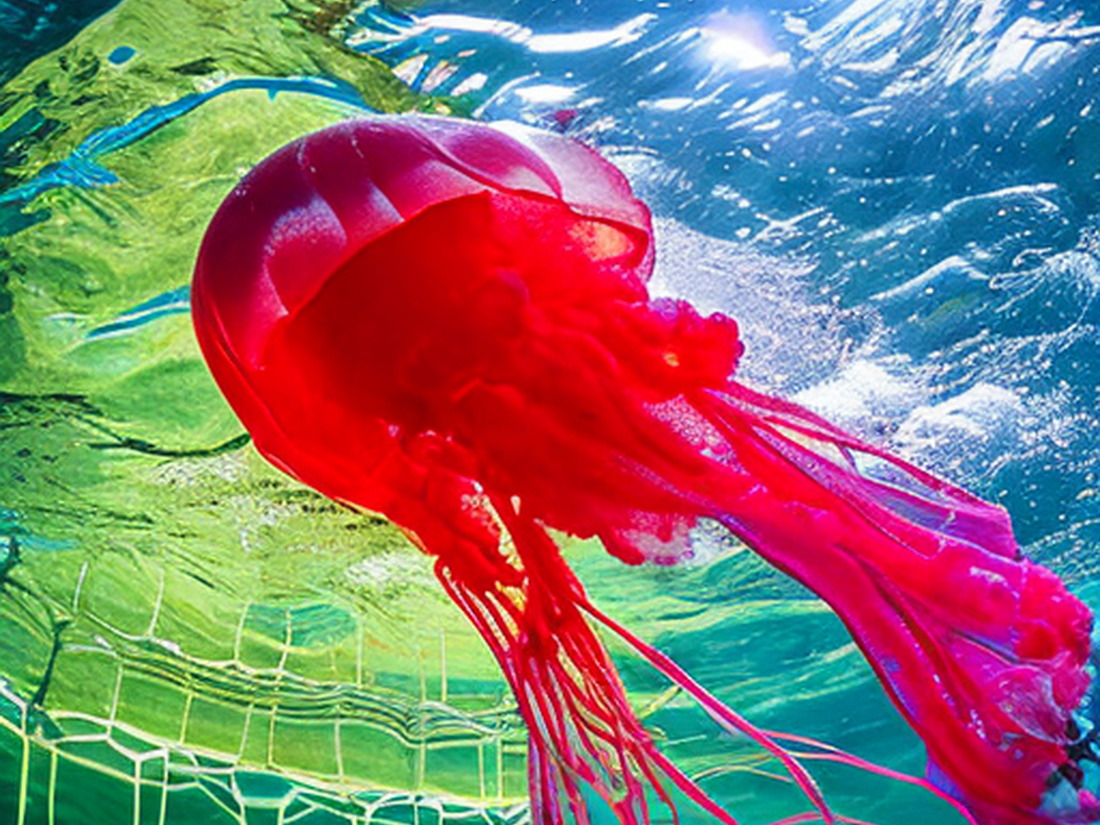 AI: photo of electric red jellyfish, with swimming turtles, underwater, photorealistic