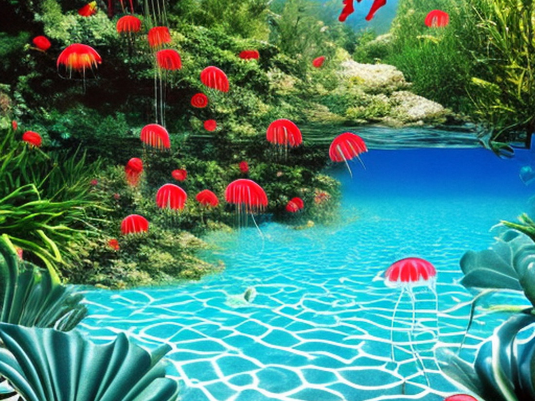 AI: electric red jellyfish, with swimming turtles, underwater, photorealistic