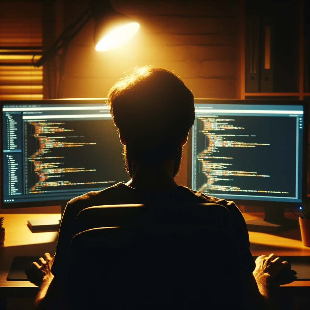 The web developer sits in front of dual screens, deeply engrossed in coding, with a warm glow of light illuminating his face.