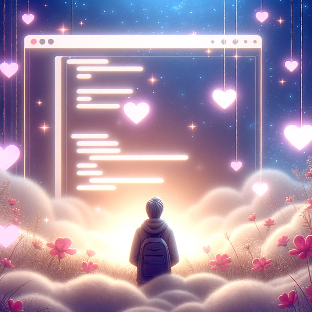 A whimsical scene showing the web developer starstruck by love, with heart-shaped symbols and soft, dreamy lighting, depicting the feeling of being in love.