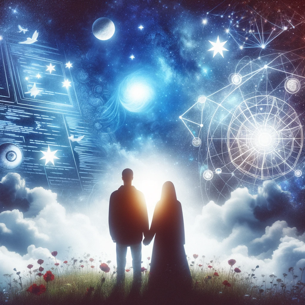 A romantic and surreal scene of two individuals, symbolizing the web developer and his love, set against a backdrop of a starry night sky, portraying a sense of cosmic connection and destiny.